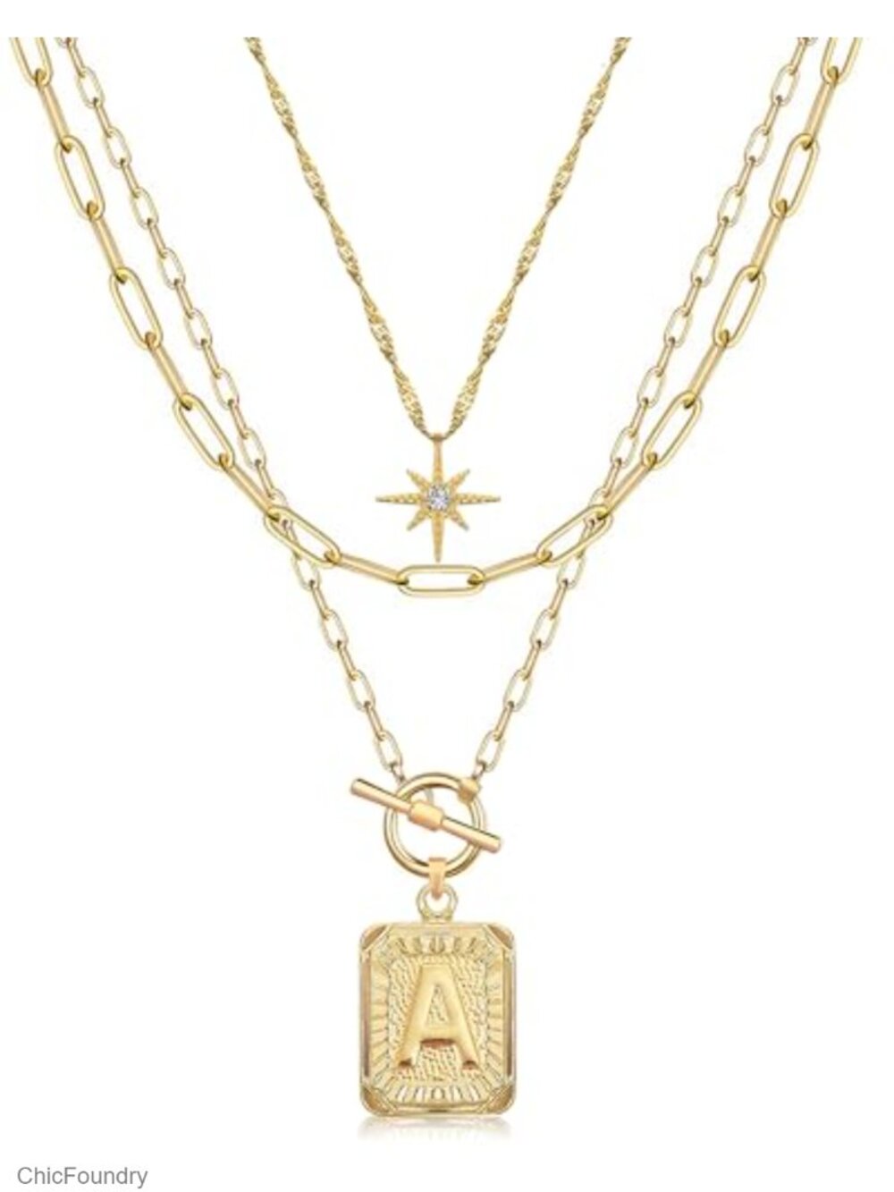 Layered Initial Necklace Set, 14K Gold Plated Brass, Star Choker, Square Letter
